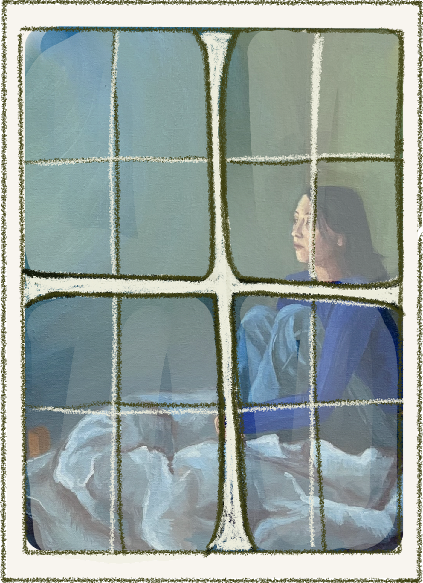 Painted window looking in on a person sitting by the glass