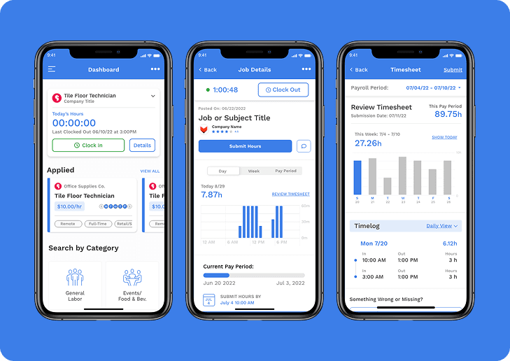 Three mobile dashboard screens on a blue case study cover